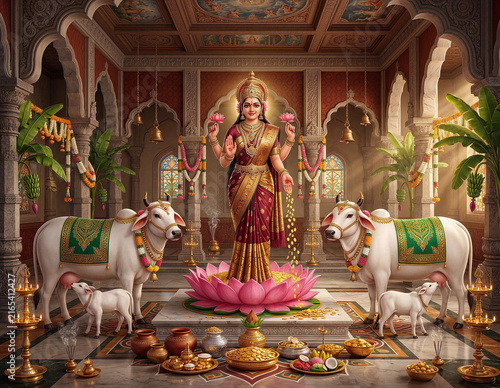 Divine idol of Goddess of wealth Maha Lakshmi with intricate traditional Indian design.