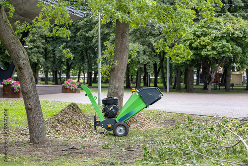 Wood chipper beside pile of shredded branches during tree maintenance in city park