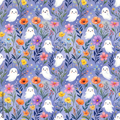 Cute purple floral background and little ghosts seamless pattern