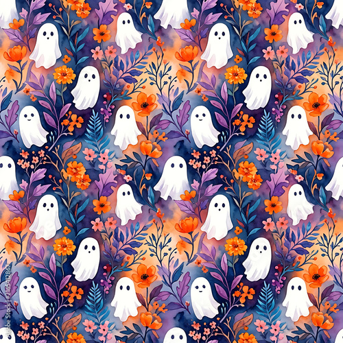 Spooky cute ghosts and autumn orange flowers seamless pattern