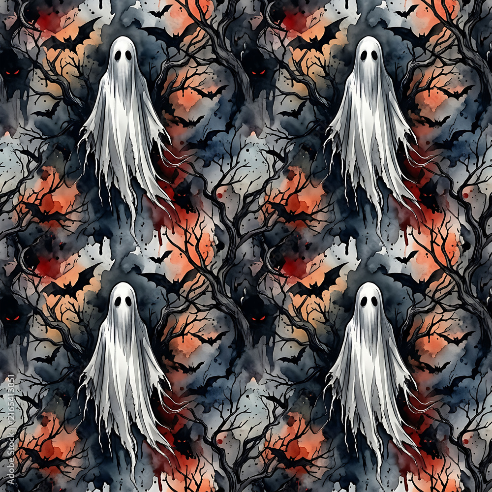 Spooky Halloween seamless pattern with white ghosts, dark trees, and bats in red and black background