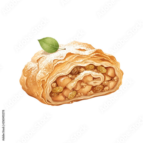 Delicious fresh baked apple strudel slice with cinnamon, raisins, and mint leaf watercolor illustration isolated on white background