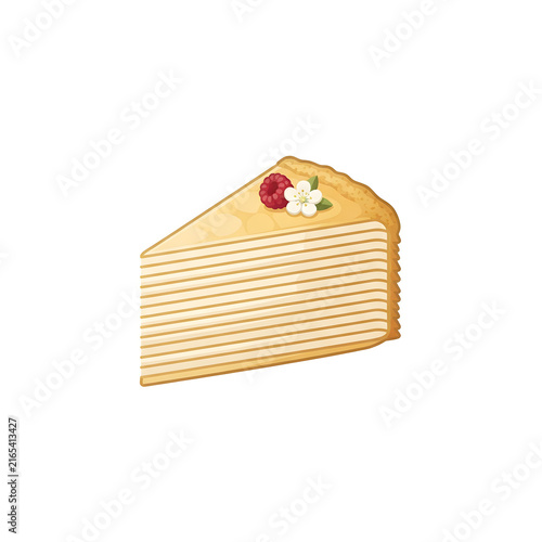 Slice of Mille Crepe Cake Layered Dessert topped with Raspberry and Flower Vector Illustration Isolated on White Background