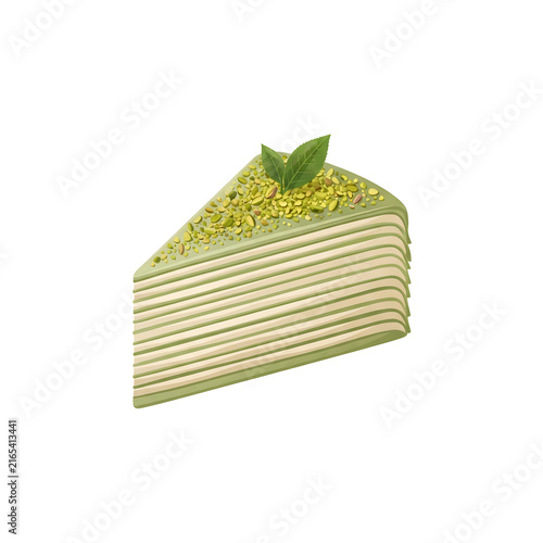 Matcha green tea crepe cake slice isolated on white background