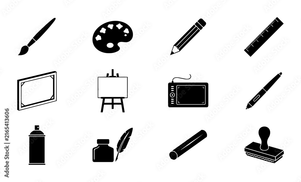 © Anik - Art Supplies Vector Icons Set: Drawing Tools, Painting Equipment, Drafting Instruments, Creative Design Elements, Black and White Graphic Resources