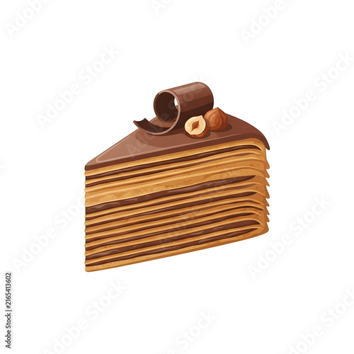 Delicious Slice of Layered Chocolate Hazelnut Cake Vector Illustration Isolated on White Background