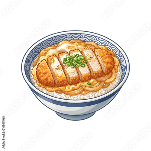 Japanese Katsudon Rice Bowl with Crispy Deep Fried Pork Cutlet, Egg, and Scallions Vector Illustration Isolated on White Background