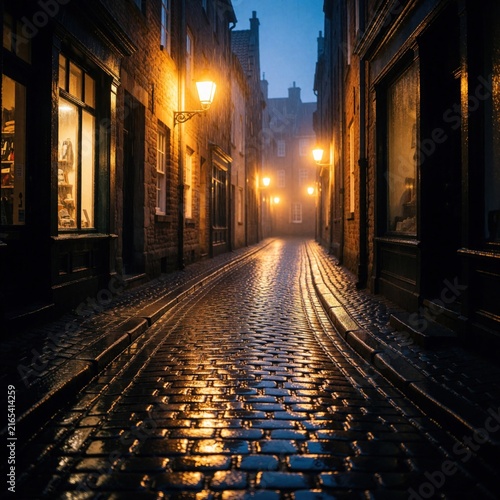 rainy alleyway with wet cobblestones reflecting street lights, narrow cobble pathway framed by historic buildings, low angle view damp pavement, quiet atmosphere, urban scenery with foggy mist,