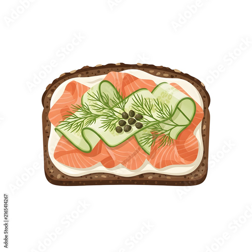Smoked salmon toast with cream cheese, cucumber ribbon, dill, and capers on rye bread isolated vector illustration