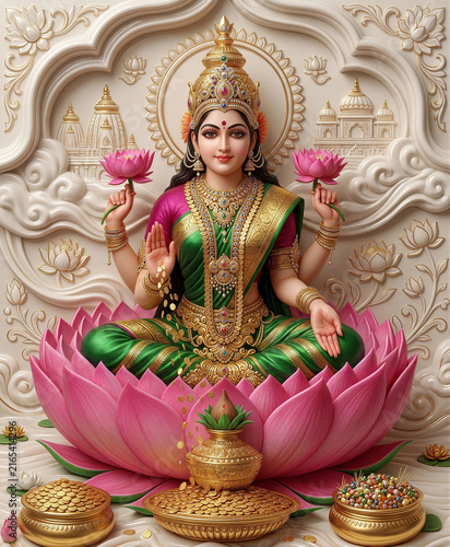 Hyper-realistic digital illustration of Goddess Lakshmi with cows in a traditional temple setting.