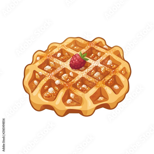 Delicious waffle topped with raspberry and powdered sugar isolated on white background, game icon vector illustration