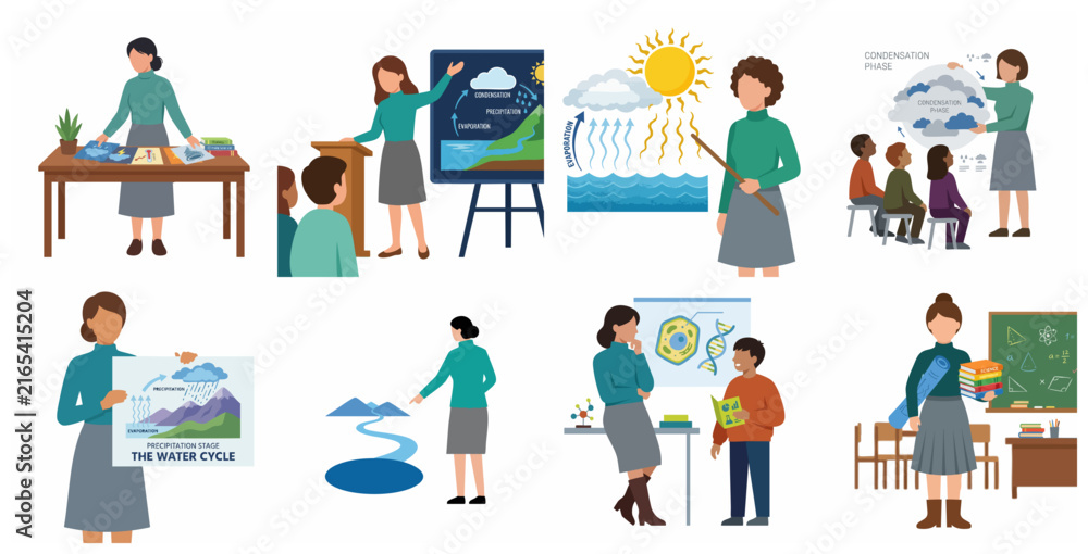 Fototapeta premium Set of Teacher Character Explaining Science, Biology and Water Cycle Diagrams to Students in School Classroom Environment