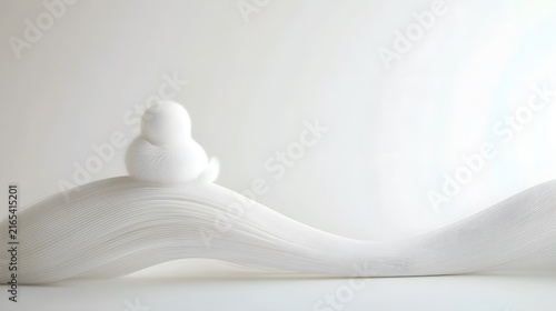 Minimalist white abstract sculpture on smooth wave-shaped surface in bright studio setting