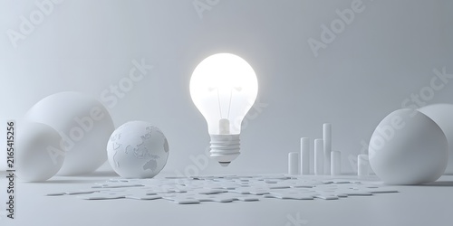 Innovative light bulb with world globe and abstract bar chart on desk