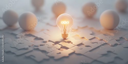 Illuminated Light Bulb Centerpiece on Puzzle Pieces with Spherical Objects Background