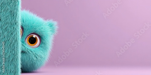 Cute teal furry monster peeking out from behind a wall on purple background