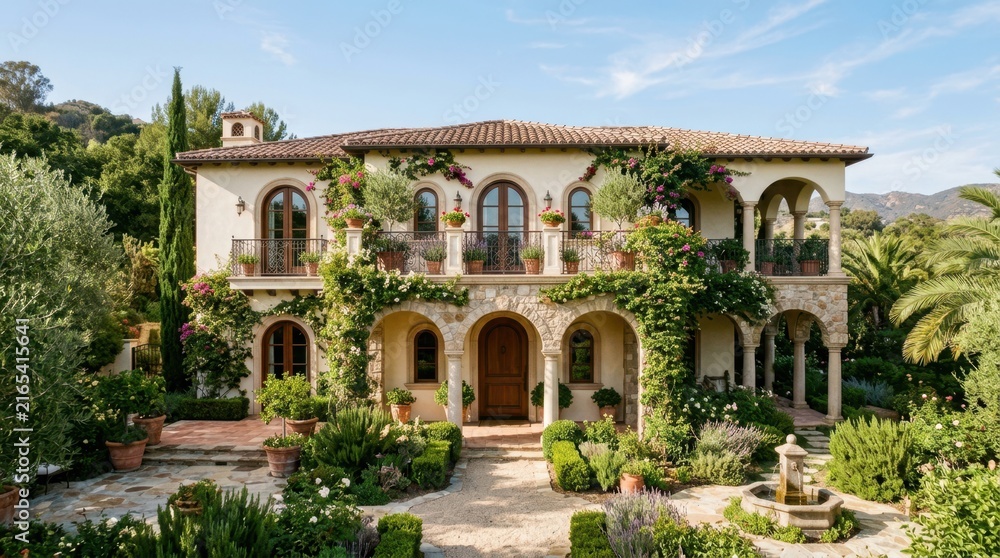 Obraz premium Elegant Mediterranean villa with lush gardens and a charming fountain on a sunny day