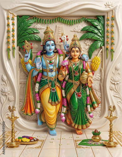Ultra-detailed 3D stone sculpture style rendering of Hindu Goddess Lakshmi sitting on a lotus.