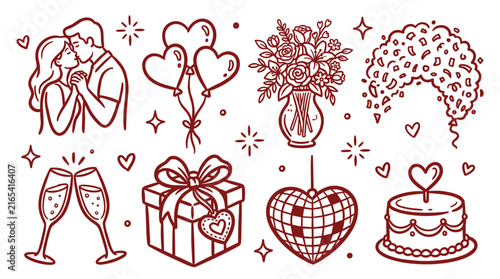 Hand Drawn Heart Collection Set with Romantic Love Symbols and Decorative Doodle Elements