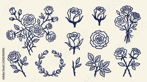 Floral Elements and Flower Collection Vector Illustration Set for Decorative Botanical Design