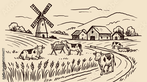 Rural Farm Landscape with Animals and Scenic Countryside Nature