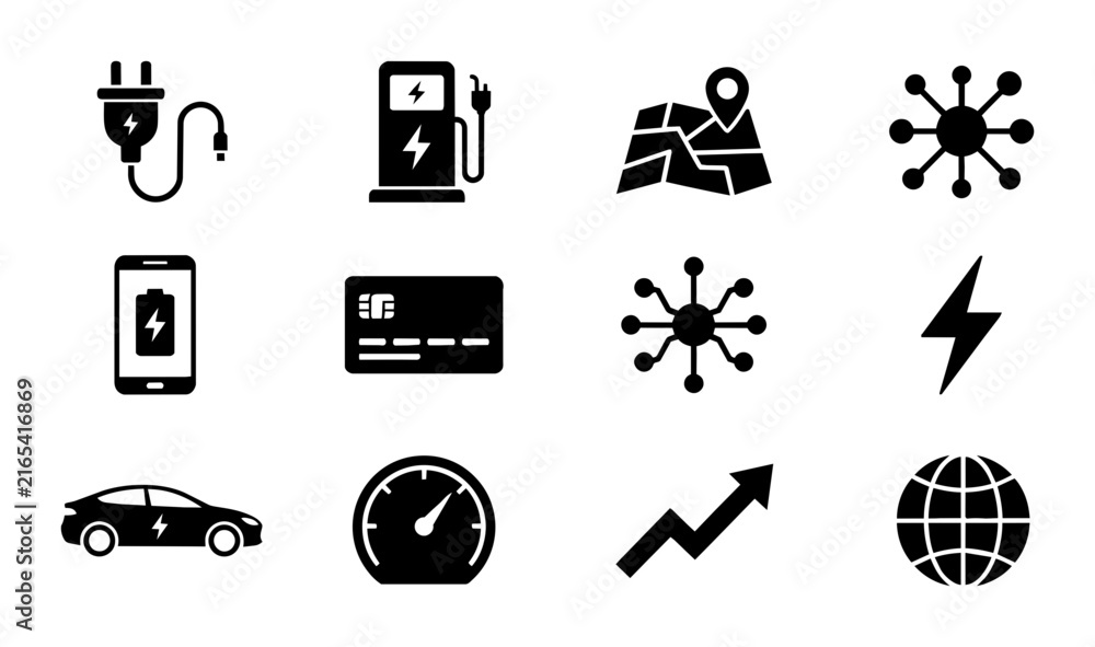 Obraz premium Electric Vehicle Icons Set, EV Charging, Map Navigation, Credit Card Payment, Speedometer, Growth Chart, Global Network, Technology Symbols