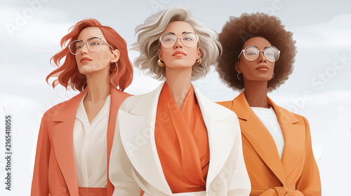 Three women of different ethnicities stand side by side, wearing stylish tailored suits in warm orange, white and terracotta tones, against a soft pale sky background.


