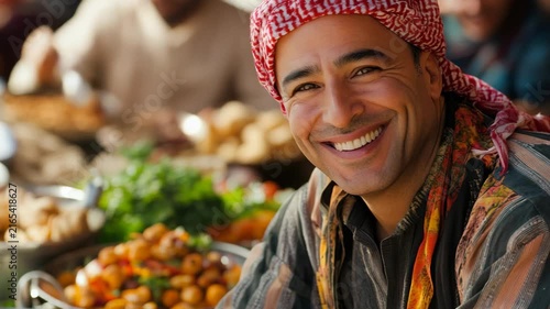 selective focus arab host welcoming guests in traditional home