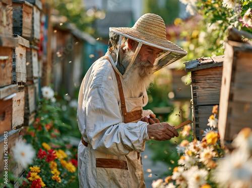 Senior Beekeeper in Protective Hat Inspecting Wooden Hives in Apiary