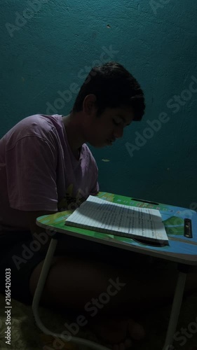 Young Boy Studying at Home with School Book, Child Doing Homework at Desk, Education and Learning Concept, Student Reading Textbook, Concentration, Childhood Development and Academic Study