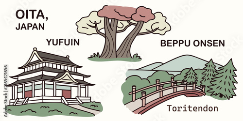 Obraz na plátne Travel graphic showcasing oita prefecture landmarks yufuin and beppu onsen with local food items