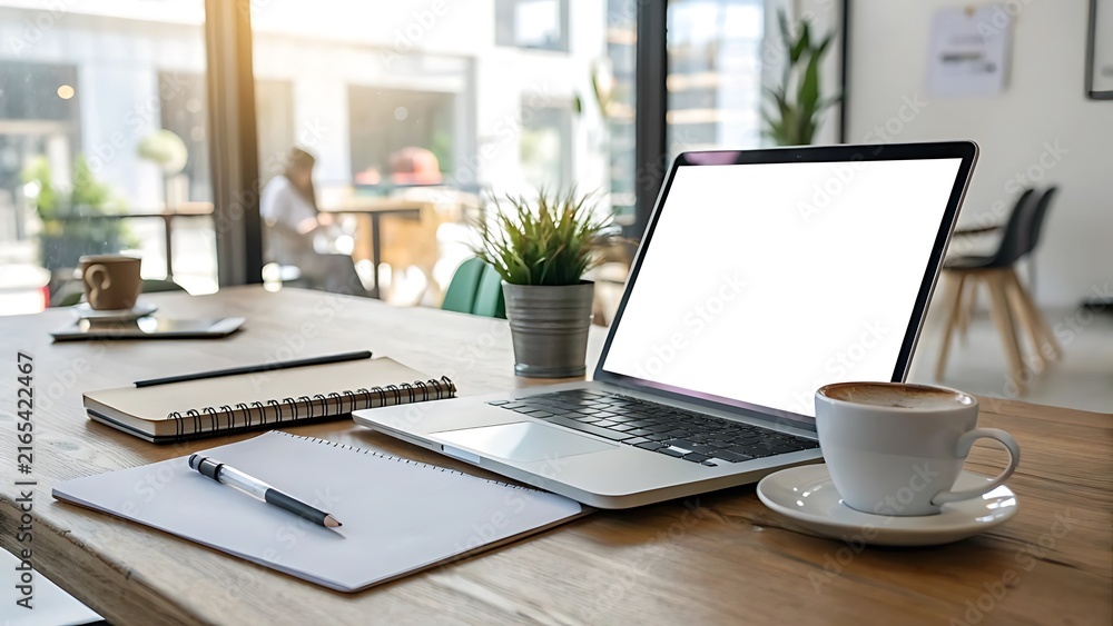 Fototapeta premium Modern laptop with empty white screen on wooden office desk with coffee and notebooks