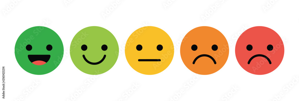 Fototapeta premium Feedback Emoticon Icon set, customer review rating scale, happy, sad, angry, good, bad, and medium mood symbols in green, yellow, orange, and red flat vector style.