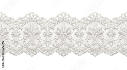White lace trim with floral pattern isolated on transparent background