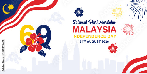 Malaysia Independence Day 2026 banner with hibiscus flower, bold number 69, and patriotic typography. Perfect for Merdeka Day greeting cards, banners, and national celebration materials on 31