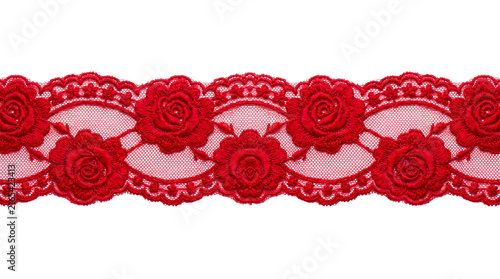 Red lace trim with rose pattern isolated on transparent background