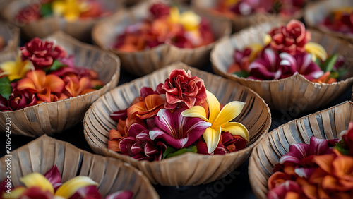 Vibrant Tropical Flower Offerings in Woven Baskets, Bali Culture, Spiritual Rituals, Colorful Petals