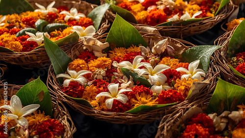 Woven Baskets Filled with Vibrant Marigolds and White Plumeria Flowers, Religious Offerings