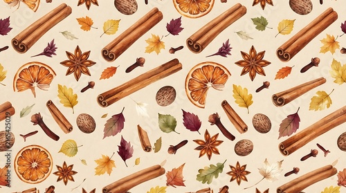 seamless watercolor pattern featuring cinnamon sticks, star anise, cloves, dried orange slices