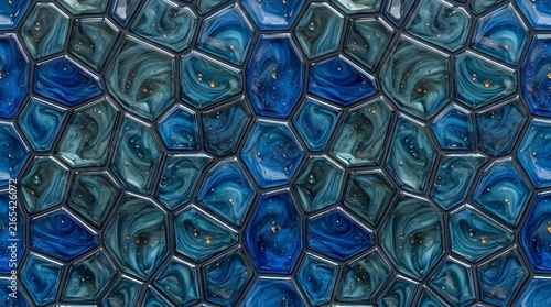 Stained glass mosaic pattern featuring deep blue and teal polygonal tiles with gold sparkles for luxury interior.