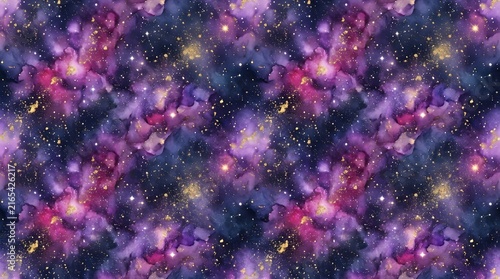 Vibrant cosmic watercolor seamless background featuring purple gas clouds and golden star dust for magic branding.