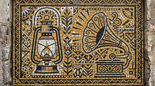 Vintage mosaic tile mural depicting old lantern and gramophone on wall for nostalgic cultural art.