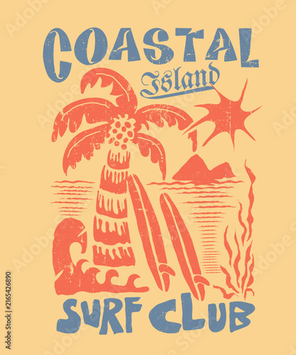 Vintage Retro color tropical summer Costal Island hand drawing vector Illustration. Perfects for tee shirt sa tang to Apparel clothing artwork. Coastal Surf Club Slogan tee. woman' girl's graphic tee.