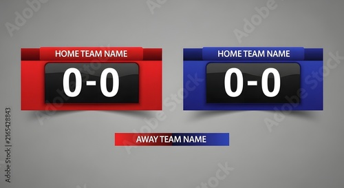 Two red and blue sports scoreboards with team names and zero score