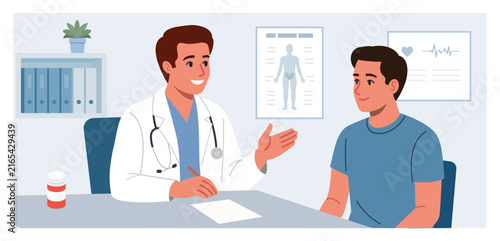 Doctor consulting with a male patient in a medical office. flat vector illustration