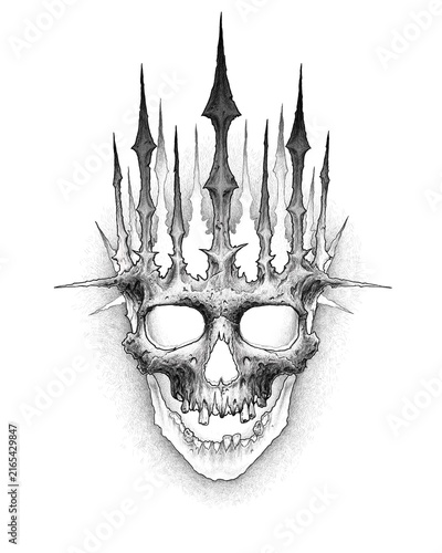 Fotografie Skull with crown and thorn surrealist, dark fantasy illustration white lighting
