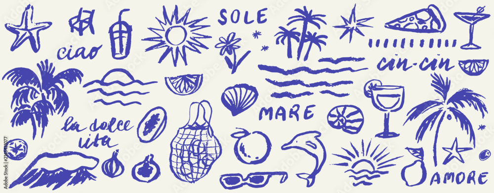Naklejka premium Hand drawn doodle chalk or charcoal summer beach, sea and waves vector illustration set. Tropical coastal elements palm trees, exotic fruits, pizza and sun for t-shirts, posters, and placards prints.