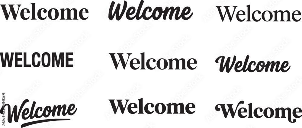 Obraz premium A collection of various welcome text designs featuring different artistic fonts and typography styles isolated on a white background