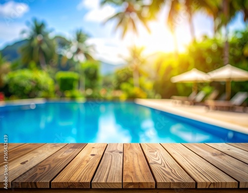 Wooden table overlooking blurred tropical swimming pool background