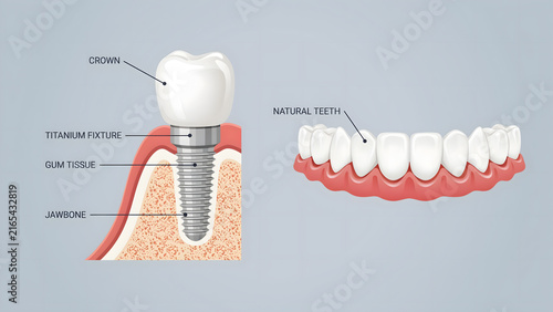 Diagram of a dental implant cross section compared to natural human teeth